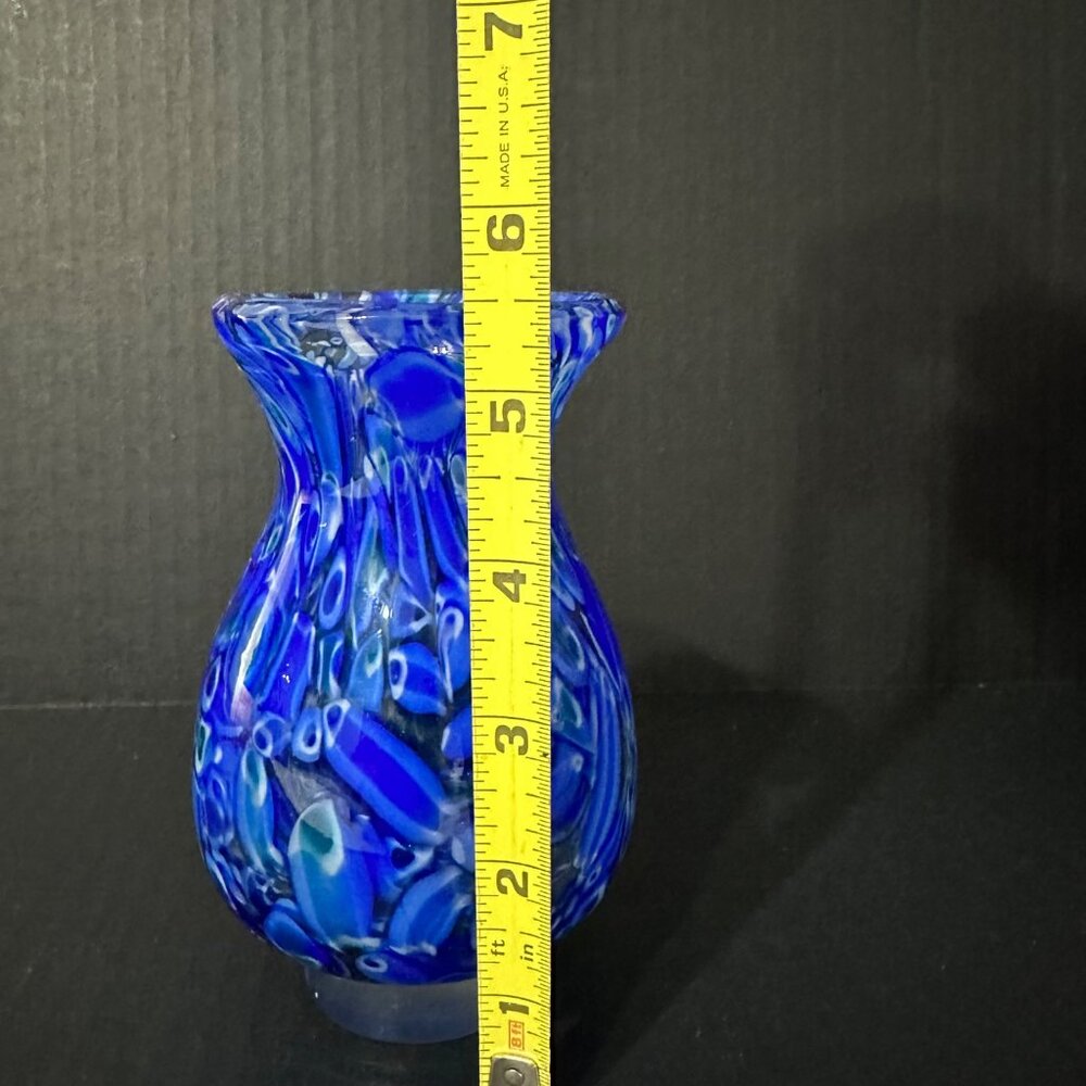 Cobalt blue spotted confetti hand blown art glass 5.5” vase smooth pontil - Picture 4 of 5